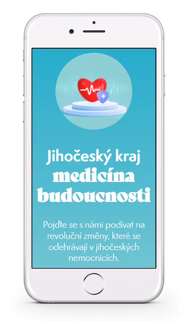 Smartphone screen with a red heart and medical shield icon above text about revolutionary changes in South Bohemian hospitals.